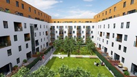 A CGI of balcony view at Nordic Quarter by Network Living
