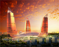 Fairmont Baku rises on the shore of the Caspian Sea