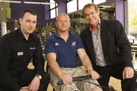 Glyn Allen of Fitness First with Paralympic skier Russell Docker and Dr Hilary Jones
