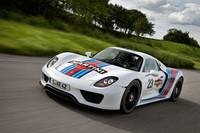 Porsche 918 Spyder prototype in iconic Martini Racing design